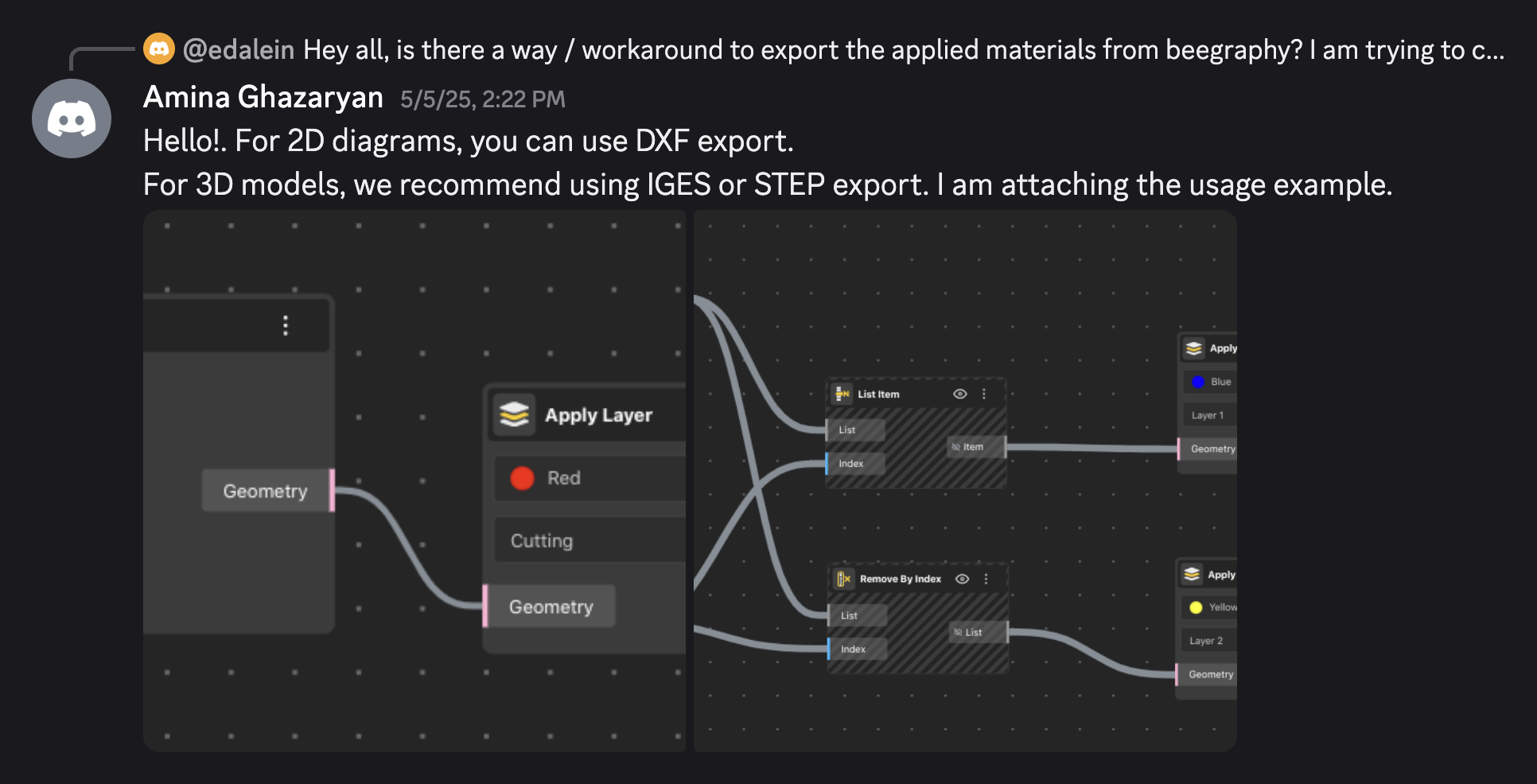Amina Ghazaryan replies with DXF export suggestion and a node screenshot showing layer application.